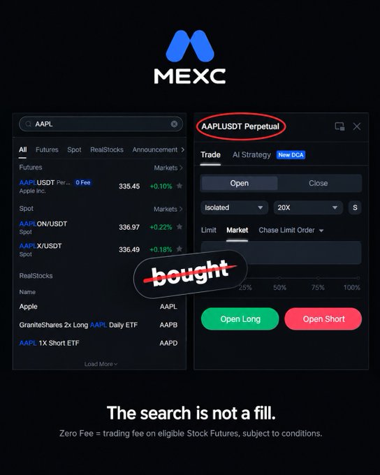 A MEXC trading interface shows that searching "AAPL" reveals multiple product listings—including the AAPLUSDT Perpetual Futures contract (335.45, +0.10%) and various Spot and RealStocks options—with the "bought" label crossed out, illustrating how typing a stock name surfaces several buy entry points rather than just one, reinforcing the post's warning that RealStocks is the specific listing tied to actual stock ownership.