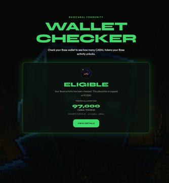 A "Wallet Checker" interface from Base x Robinhood ($RBH) displays a wallet eligibility status, confirming a token allocation of 97,000, potentially linked to a $RBH airdrop opportunity for users who have transacted on both Base and Robinhood App.