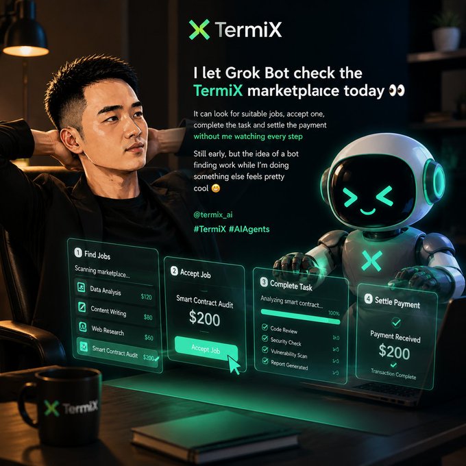 A promotional graphic for TermiX featuring a man with a robot mascot, showcasing AI agent tasks: Find Jobs, Accept Job, Complete Task, and Settle Payment of $200, with hashtags #TermiX #AIAgents and @termix_ai.