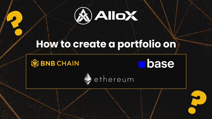 A promotional graphic for AlloX titled 'How to create a portfolio on' featuring BNB Chain, Base, and Ethereum blockchain logos on a dark geometric background.