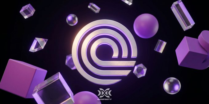 A metallic silver "e" logo floats amid floating purple cubes and transparent geometric shapes, with the "INFINITY" branding visible below. The image relates to the post by visually representing Ondo Finance's tokenized equity initiative, with the "e" symbolizing the digital, onchain nature of the Japanese stocks being brought to blockchain through their partnership with SBI Group.