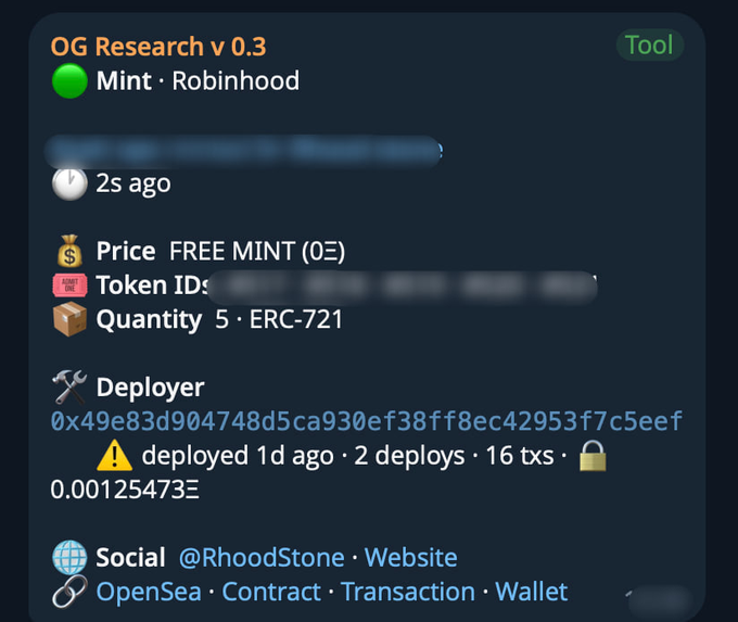 A screenshot of an "OG Research v 0.3" tool displaying a Robinhood Mint alert, showing a free mint (0Ξ) for 5 ERC-721 tokens deployed 1 day ago with 16 transactions, linking to @RhoodStone's social and contract details. The image illustrates the type of new mint monitoring the poster is working to automate for degen mint tracking.