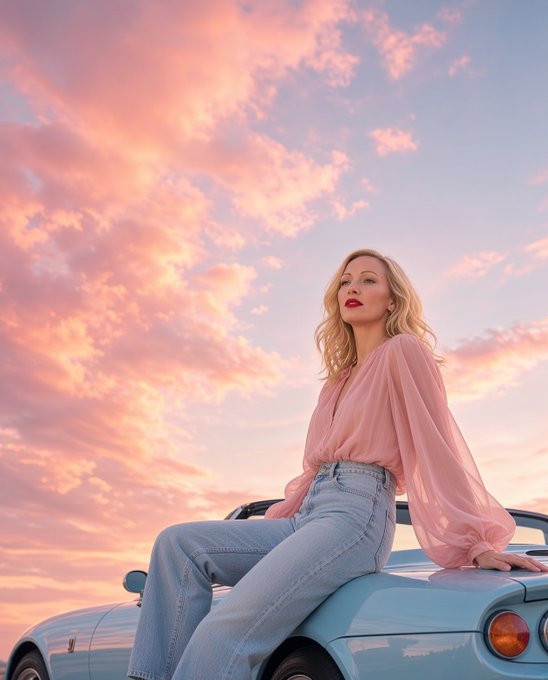 A blonde woman in a pink blouse and light blue jeans sits on the hood of a light blue convertible against a pink and orange sunset sky.