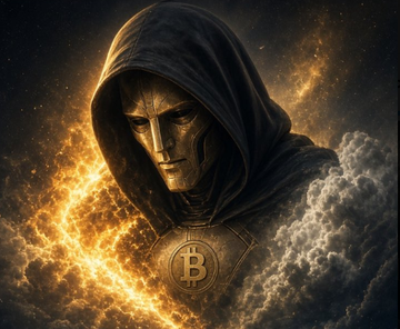 A hooded, golden-masked figure emerges from fiery cosmic clouds, wearing a medallion stamped with the iconic "B" Bitcoin logo, symbolizing the enigmatic Satoshi Nakamoto and his vast $95 billion BTC fortune amid Bitcoin's rise toward $87,000.