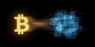 A glowing golden Bitcoin 'B' symbol with digital circuitry lines flowing into a fragmented, pixelated blue representation of the same symbol against a black background.