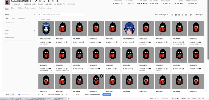 The image shows a marketplace listing for "Project NINJANEX" with 1,690 items, priced around 0.0817 ETH (~$106), featuring pixel-art ninja and anime-style character NFTs. The grid displays numerous NFTs with a few rare character designs interspersed among the common red ninja assets, aligning with the post's announcement of the "#NINJANEX" collection reveal.