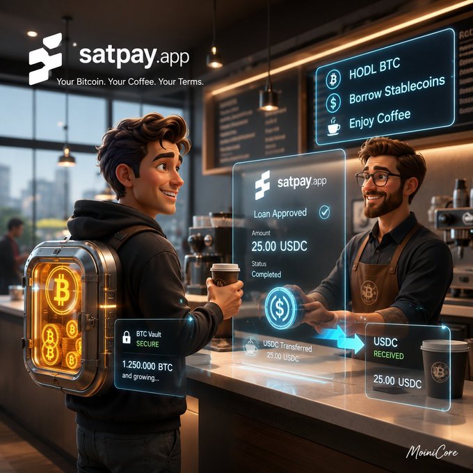 Advertisement for satpay.app showing a customer in a coffee shop using Bitcoin to borrow stablecoins, with a holographic display showing a $25.00 USDC loan approved and transferred.