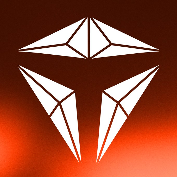 A minimalist geometric white logo resembling an origami bird or abstract 'M' shape, set against a dark gradient background transitioning from brown to orange.