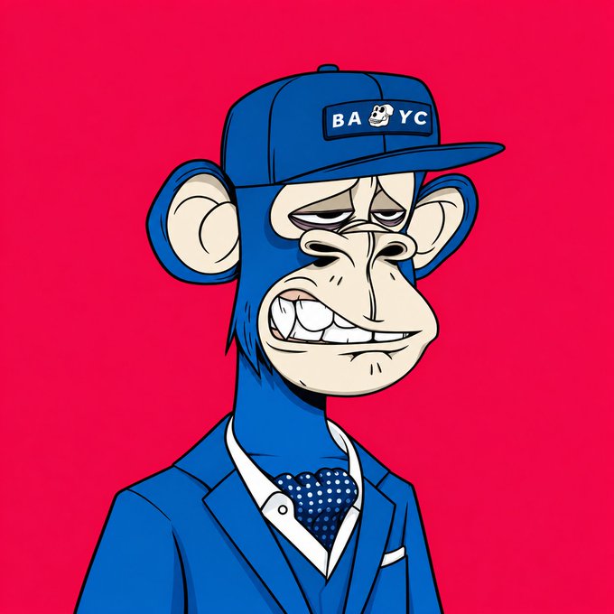 Digital illustration of a blue Bored Ape-style cartoon monkey in a blue suit, polka dot tie, and baseball cap with 'BAYC' text on a pink background.