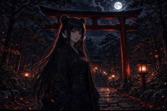 An anime-style illustration of a girl with long dark hair in twin buns wearing a black kimono, standing on a path before a red torii gate at night under a full moon, surrounded by glowing lanterns and falling leaves.