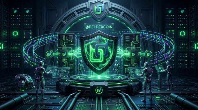 A futuristic, sci-fi style digital artwork featuring a green glowing shield logo with the handle '@BELDEXCOIN' above it, surrounded by cybernetic figures and technological elements.