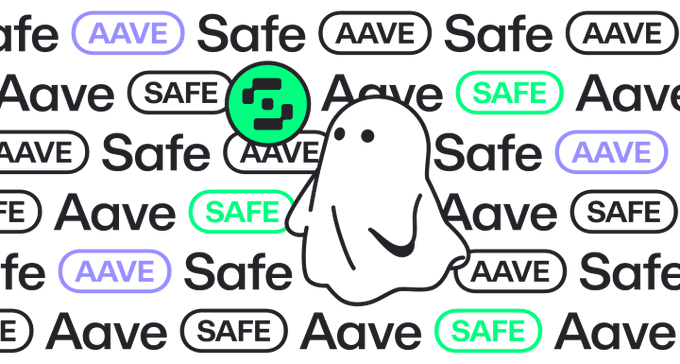 A cartoon ghost character superimposed over a repeating pattern of 'Aave' and 'SAFE' logos in green and purple.
