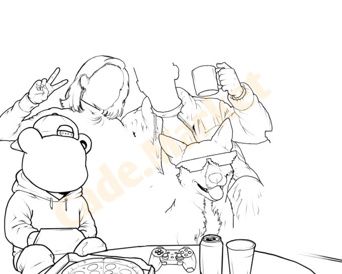 A black-and-white line drawing of anthropomorphic characters (including a bear, monkey, and dog) enjoying drinks and playing video games, with a "made with" watermark.