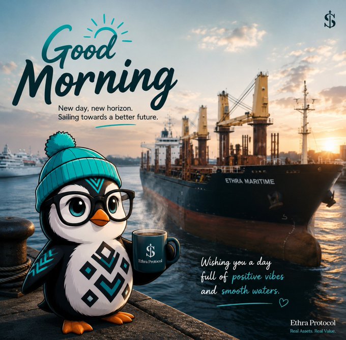 A 'Good Morning' greeting card from Ethra Protocol featuring a cute penguin character in a teal beanie and glasses holding a coffee mug at a harbor with cargo ships, including one labeled 'ETHRA MARITIME,' with the tagline 'New day, new horizon. Sailing towards a better future.'