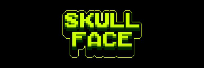 Pixel art logo reading 'SKULL FACE' in glowing green block letters with a yellow outline on a black background.