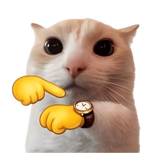 A digital illustration of a light orange cat with large eyes, accompanied by yellow emoji-style hands pointing to a wristwatch on its paw.