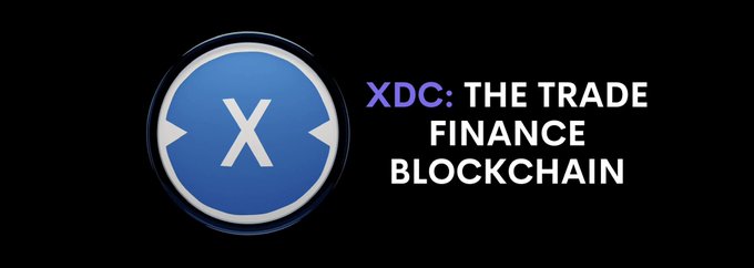 A promotional graphic featuring the blue XDC Network logo alongside the text "XDC: THE TRADE FINANCE BLOCKCHAIN," visually reinforcing the post's message about XDC's growing role in tokenizing real-world assets and its leadership in institutional trade finance, with over $1.1 billion in tokenized RWAs including credit instruments like trade receivables, corporate bonds, and loans.