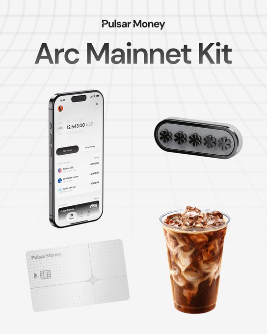 Pulsar Money 'Arc Mainnet Kit' promotional graphic showing a smartphone displaying the app ($12,543.00 USD balance), a hardware crypto wallet device, a branded metal card, and an iced coffee with latte art.