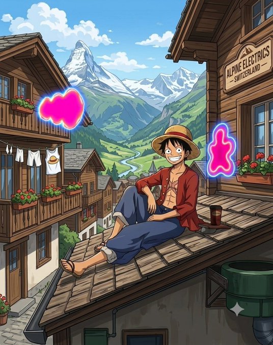 An anime-style illustration of a smiling character resembling Monkey D. Luffy sitting on a wooden rooftop in a Swiss alpine village with the Matterhorn in the background, accompanied by glowing pink neon shapes and a sign reading 'ALPINE ELECTRICS SWITZERLAND'.
