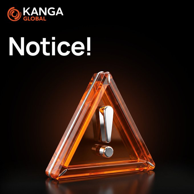 The image features a glowing orange triangular warning sign with an exclamation point, alongside the "KANGA GLOBAL" logo and the text "Notice!" — visually emphasizing an important announcement. This aligns with Kanga Global's user update regarding the successful migration of H (Humanity Protocol) tokens to a new contract address, signaling a critical update users should be aware of.