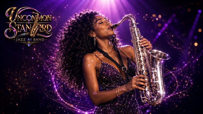 Promotional image for the 'Uncommon Standard Jazz AI Band' featuring a woman in a sparkly purple dress playing a saxophone against a starry purple background.