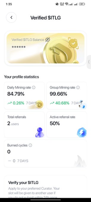 A mobile app screenshot displaying a 'Verified $ITLG' dashboard with profile statistics including a Daily Mining rate of 84.79%, Group Mining rate of 99.66%, Total referrals of 2, and Active referral rate of 50%.