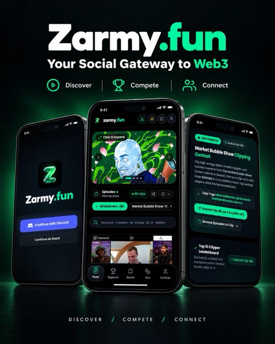 A promotional graphic for 'Zarmy.fun - Your Social Gateway to Web3' showing three smartphone mockups displaying the app's interface with features like Discover, Compete, and Connect, including a video clip about 'Market Bubble Show: Clipping Contest.'