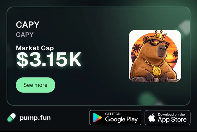 App store promotional graphic for the cryptocurrency 'CAPY' showing a market cap of $3.15K, featuring an illustration of a capybara wearing sunglasses and a gold chain, with pump.fun branding.