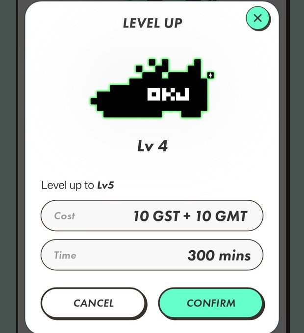 The image shows a phone screen with an app icon, which appears to be a game or puzzle. The icon features a black and green design of a shoe, along with the text "level up" and "lv4". Below this, there is a list of options for the user to choose from, including setting the cost per minute at 10GST + 10GMT. There are also buttons on the screen that allow the user to confirm or cancel their decision. The overall layout suggests that the app may be related to a gaming experience or puzzle-solving activity.