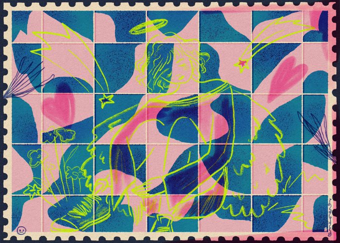 An abstract artwork composed of a grid of pink and blue patterned tiles with neon yellow-green line drawings of a figure and decorative elements overlaid.