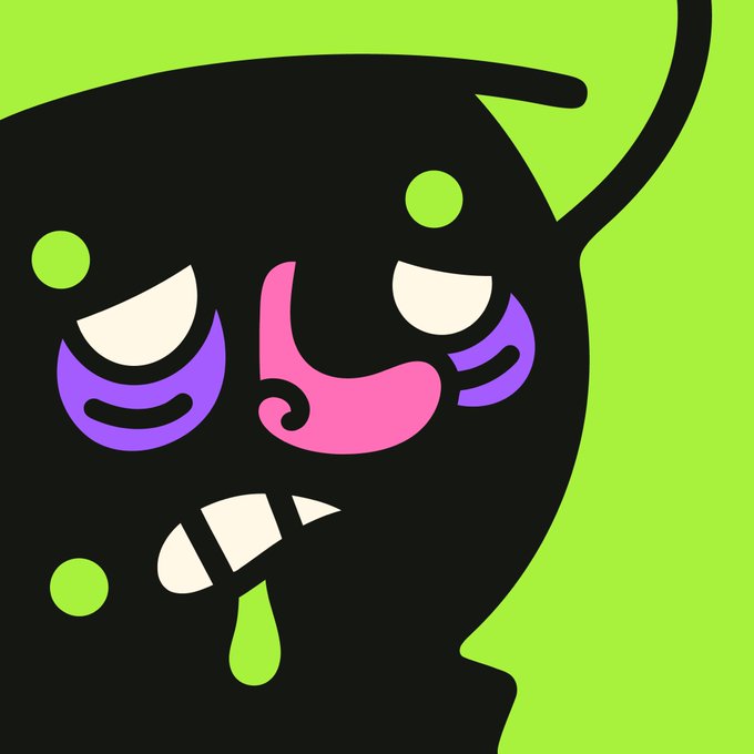 A stylized cartoon illustration of a dark character with horns, featuring pink and purple facial features and green spots against a bright green background.