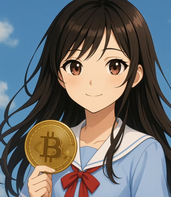 An anime-style illustration of a brown-haired girl in a sailor uniform with a red bow, holding a large gold Bitcoin coin with the recognizable '₿' symbol.