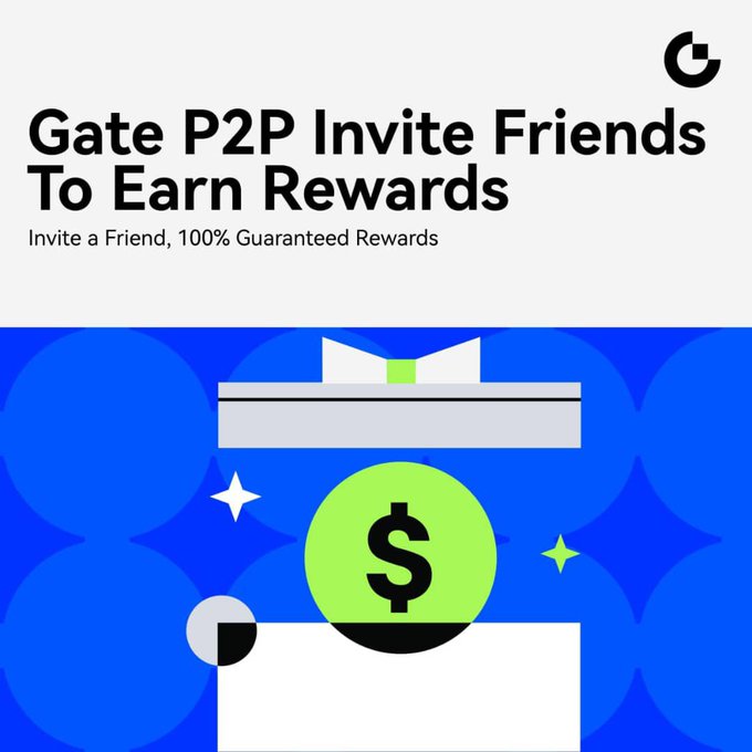 A promotional banner for Gate P2P reading "Gate P2P Invite Friends To Earn Rewards" with subtitle "Invite a Friend, 100% Guaranteed Rewards," featuring an illustration of a dollar coin emerging from a gift box.