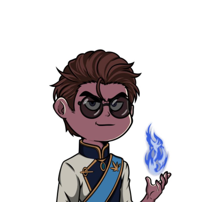 The image features a cartoon boy with brown hair wearing glasses and a blue robe. He has his hand raised, holding a blue flame that appears to be burning something. The caption of the image reads "Gm legends Im giving away 5x GTD from @velin_nn project 1- Follow @velin_nn x @aykutzf 2- Rt,like and Drop your EVM address [ 24 HRS ] and thank you for the honorary art".