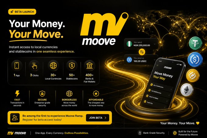 The image features an advertisement for a new app called "Moove" that allows users to easily buy and sell stablecoins from their local currency or other stablecoins, without needing to use a traditional exchange platform like PayPal. The app has been beta-tested by Moove Ramp and is available for download on both iOS and Android devices. The image also includes various symbols related to the stablecoin market, such as Bitcoin and Etherium coins, which are used in the advertisement to promote the app's functionality.