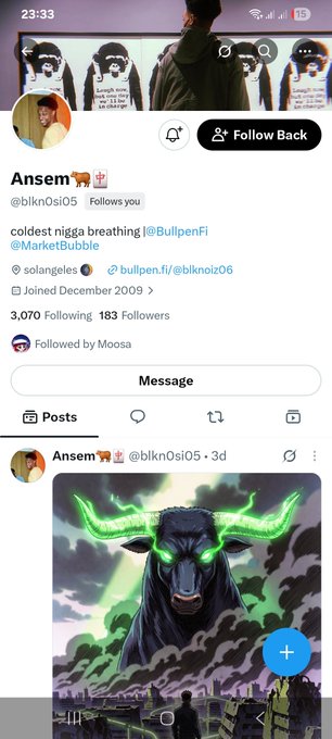 A screenshot of an X (formerly Twitter) profile for user 'Ansem' (@blknOsiO5) with the bio 'coldest nigga breathing' showing 3,070 following and 183 followers, displaying a post featuring a glowing green bull/ox figure.