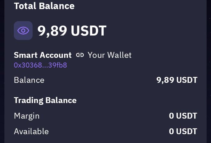A digital wallet interface displays a 'Total Balance' of '9,89 USDT' with a 'Smart Account' linked to 'Your Wallet' address '0x30368...39fb8'.