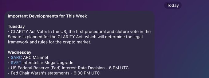 An infographic listing key crypto and economic events for the week, including Tuesday's CLARITY Act Senate vote and Wednesday's $ARC mainnet launch, $VET Interstellar Mega Upgrade, and Fed interest rate decision at 6 PM UTC with Chair Warsh's statements at 6:30 PM UTC. The image supports the post's point that BTC's pullback from $82.3K was driven by uncertainty surrounding these upcoming events being priced in early.