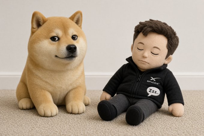 A plush Shiba Inu (Doge) sits beside a sleeping plush figure wearing a black hoodie branded with "SpaceX" and a "Zzz.." speech bubble, visually pairing the $DOGE mascot with Elon Musk's SpaceX to reflect the meme-worthy connection between the two.