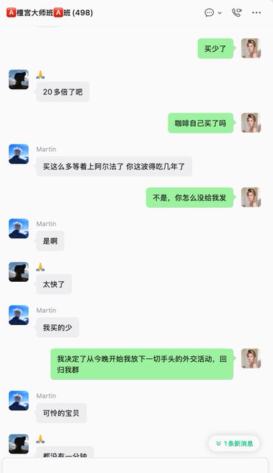 A WeChat group chat screenshot in Chinese discussing someone's purchase, with messages from Martin commenting about buying Aohua shares and the group founder deciding to stop all external activities.