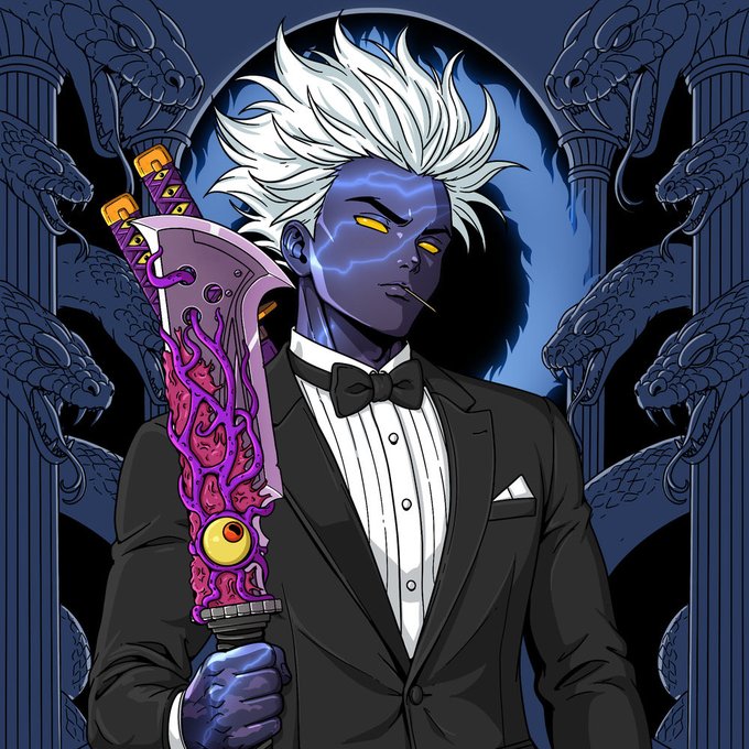 A stylized illustration depicts a blue-skinned, white-haired man in a tuxedo holding a pink-and-purple fantasy weapon, framed by snakes and ornate columns.