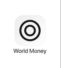 An app icon on a white background featuring a black concentric circle logo with the title 'World Money' below it.