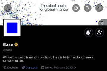 A screenshot of the Base (@base) Twitter/X profile, with the header 'The blockchain for global finance' and a bio reading 'Where the world transacts onchain. Base is beginning to explore a network token.'