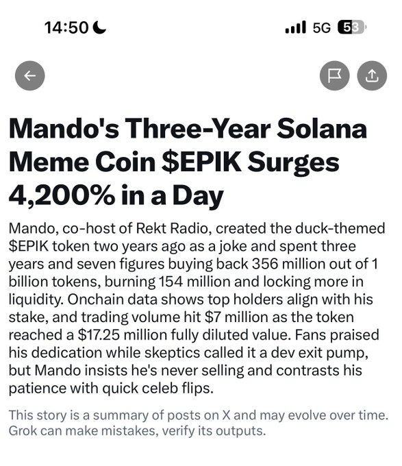 This image shows the headline "Mando's Three-Year Solana Meme Coin $EPIK Surges 4,200% in a Day," which likely relates to the post's expectation of similar success for a coin like $FEFER. The post implies that building community engagement, as demonstrated by Mando and his $EPIK token, is the key to crypto success.