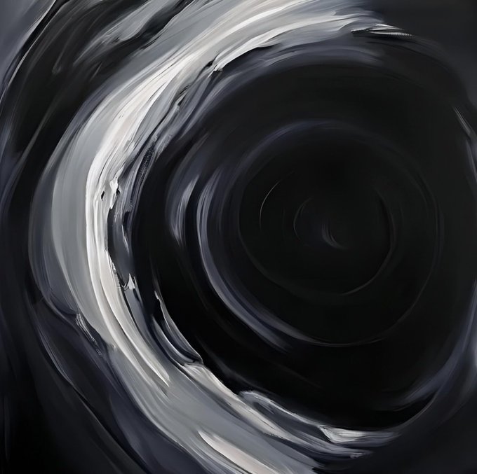 An abstract black and white swirling vortex pattern with glossy, liquid-like textures radiating from a dark center.