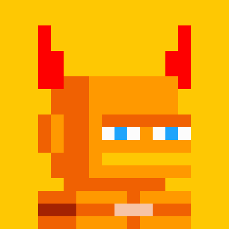 A pixel art image depicting a blocky orange character with red horn-like protrusions on its head and blue eyes, set against a bright yellow background.
