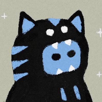 A cute illustration shows a black cat-like creature with a blue pig face on its body, featuring large white eyes, striped ears, and small claws, set against a muted gray-green background with subtle sparkle accents. The whimsical artwork accompanies the post's message about AGNTSOCIAL token economics, where the playful "artist math" reference ties into the creator's simple but charming doodle style.
