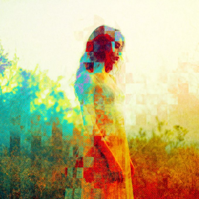 An abstract, glitch-art style image of a person in profile with colorful pixelated blocks and vibrant red, yellow, and blue tones layered over a landscape background.