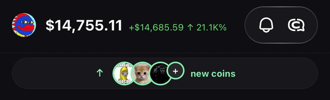 The image shows a crypto wallet dashboard displaying a balance of $14,755.11, up 21.1% from $14,685.59, alongside "new coins" indicators featuring cartoon-style token avatars, visually reinforcing the post's message about having significant funds ready to deploy on pump.fun for promising new meme coin launches.