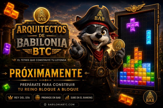 Promotional artwork for 'Arquitectos de Babilonia BTC' features a pirate dog character in a captain's hat, Tetris-style game blocks, and Spanish text reading 'PRÓXIMAMENTE' and 'BABILONIABTC.COM'.